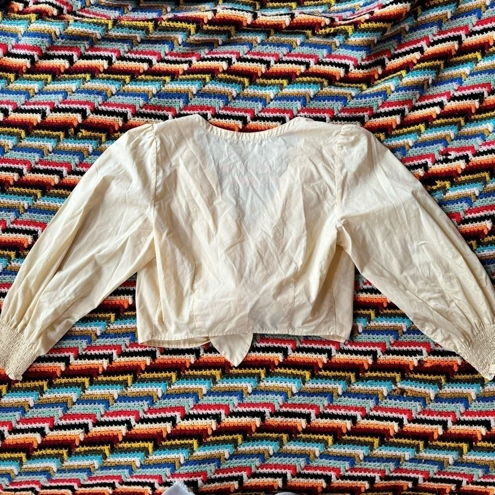Abercrombie & Fitch Tie Front Top Cotton Yellow Medium Puff Sleeve
